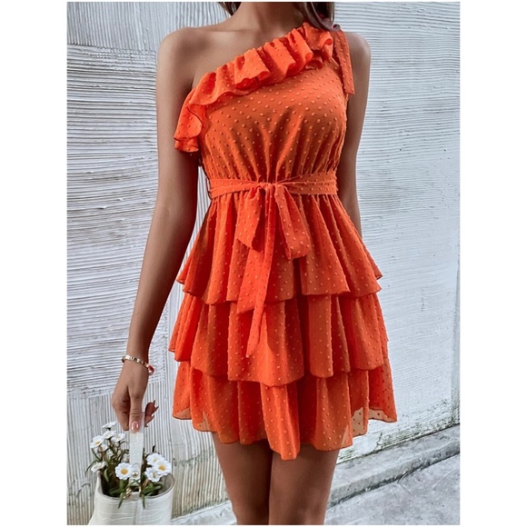 Boho Swiss dot One Shoulder Ruffle Mini Dress - Picture 8 of 13